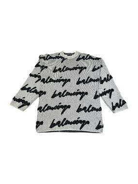 Balenciaga Scribble Logo Intarsia Knit Oversized Sweater Black White